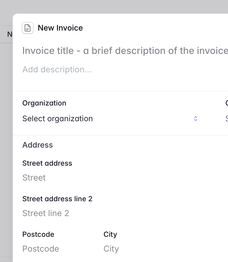 The Corker new invoice form, with the invoice title, the organisation picker and the billing address fields.